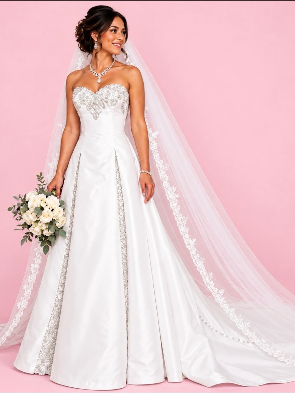 Anjolique Strapless Lace-Embellished A-Line Wedding Gown in White